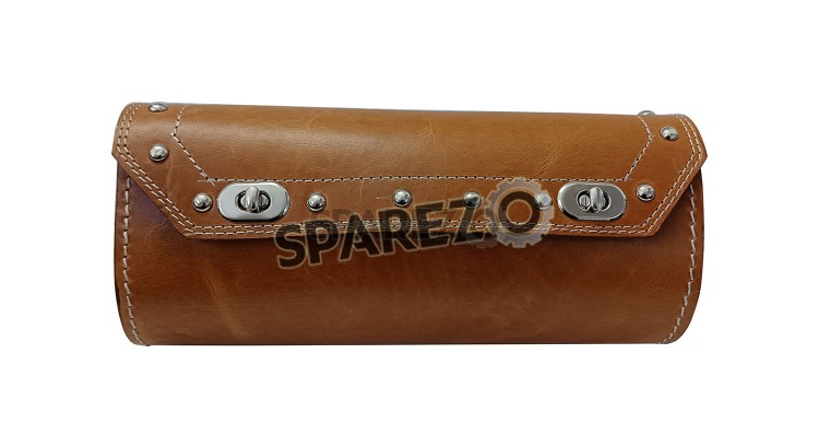 Universal Fit Indian Motorbike Front Side Tan Color Genuine Leather Tool Bag  - SPAREZO